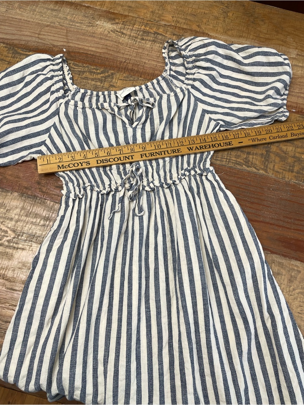 Linen Dress Puff Sleeve Blue Cream Stripe Medium Boho Lagenlook Universal Thread - Picture 6 of 9